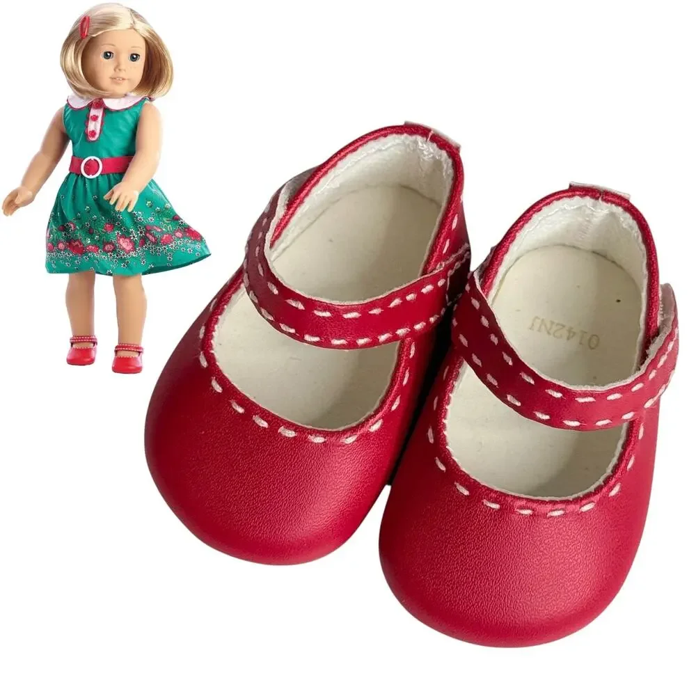 American Girl Kit Meet Shoes BeForever Red Faux Leather White Stitch Mary Janes - Picture 1 of 4
